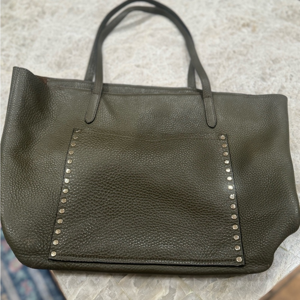 Rebecca Minkoff leather studded tote bag in olive green